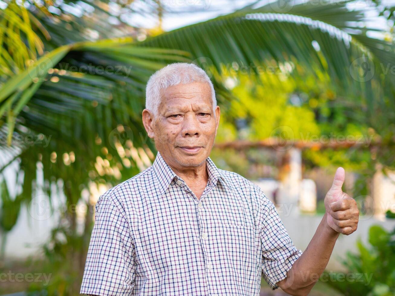 glad senior man som visar tumme upp gest medan stående i en trädgård foto
