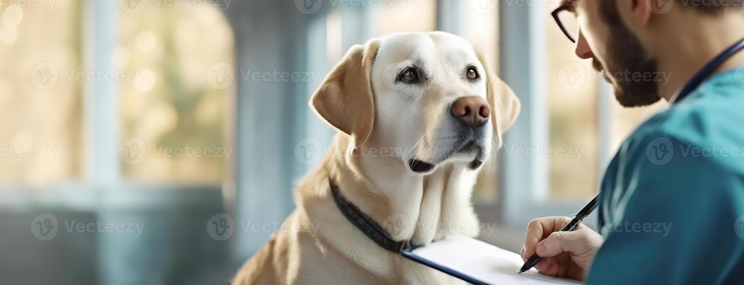 ai genererad labrador utseende uppmärksamt på en veterinär. hund blickar på läkare, ögonblick av förtroende och vård fångad i en klinik miljö, reflekterande de obligation mellan djur och människor. foto