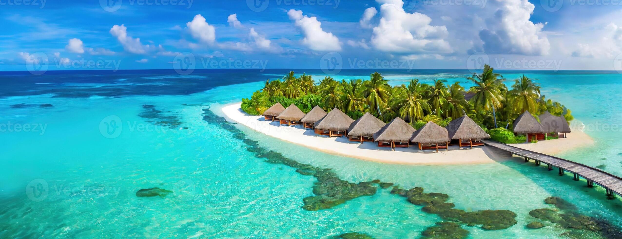 ai genererad över vatten bungalows punkt de kustlinje av en frodig maldivian ö, erbjudande en pittoresk reträtt ovan en kristallklart hav, under en klar blå himmel. vit sand strand på avskild tropisk foto