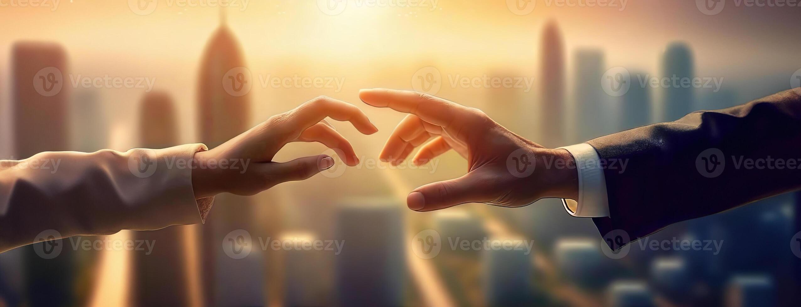 ai genererad två händer nästan Rör i en gest den där betecknar förbindelse och partnerskap, modern stad soluppgång bakgrund. innan en handslag, ny början och samarbete satsningar i urban foto