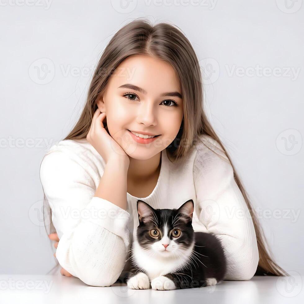 ai genererad en stilig ung flicka med söt katt isolerat på vit bakgrund foto