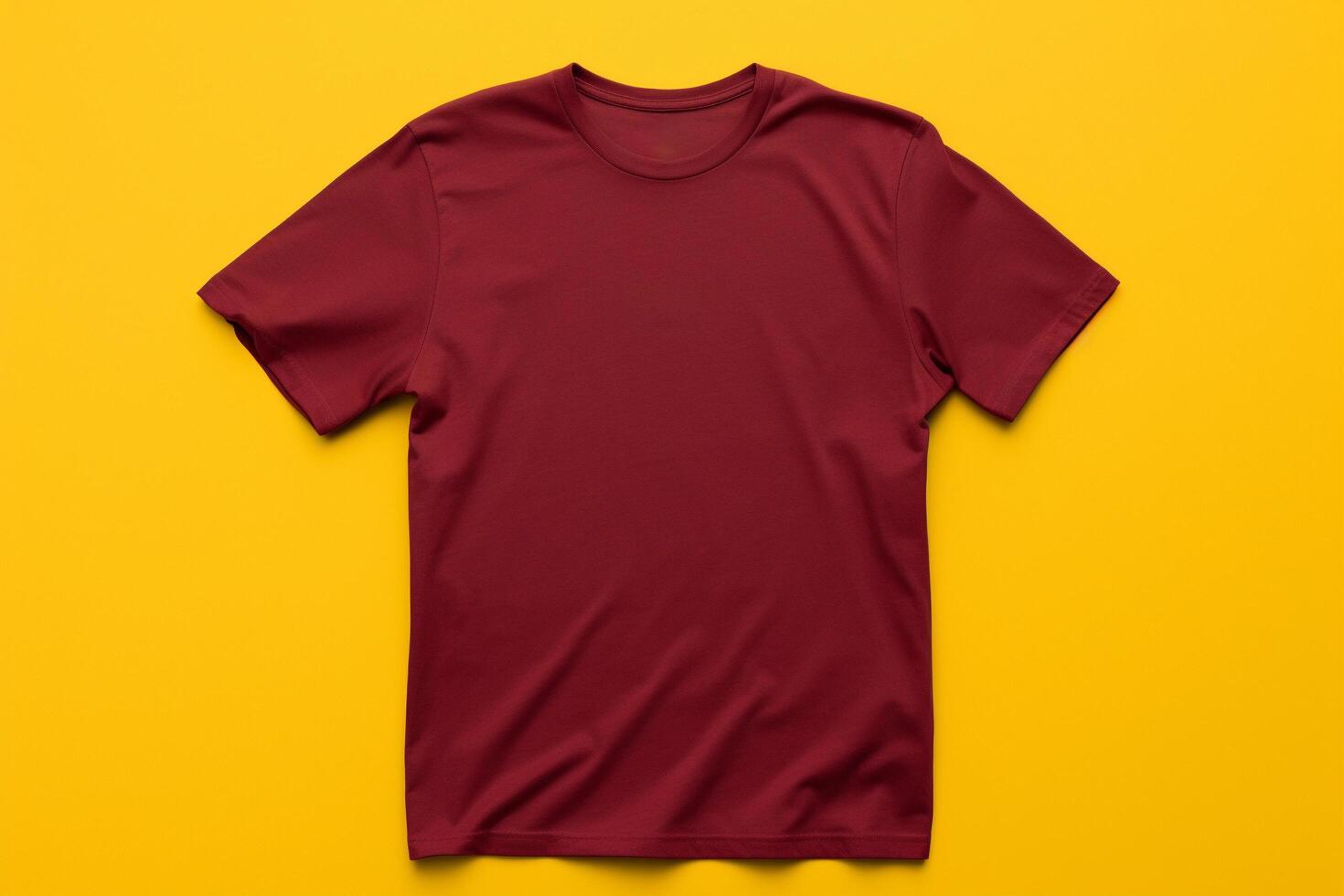 ai genererad vinröd röd klassisk crewneck t-shirt attrapp med modell foto