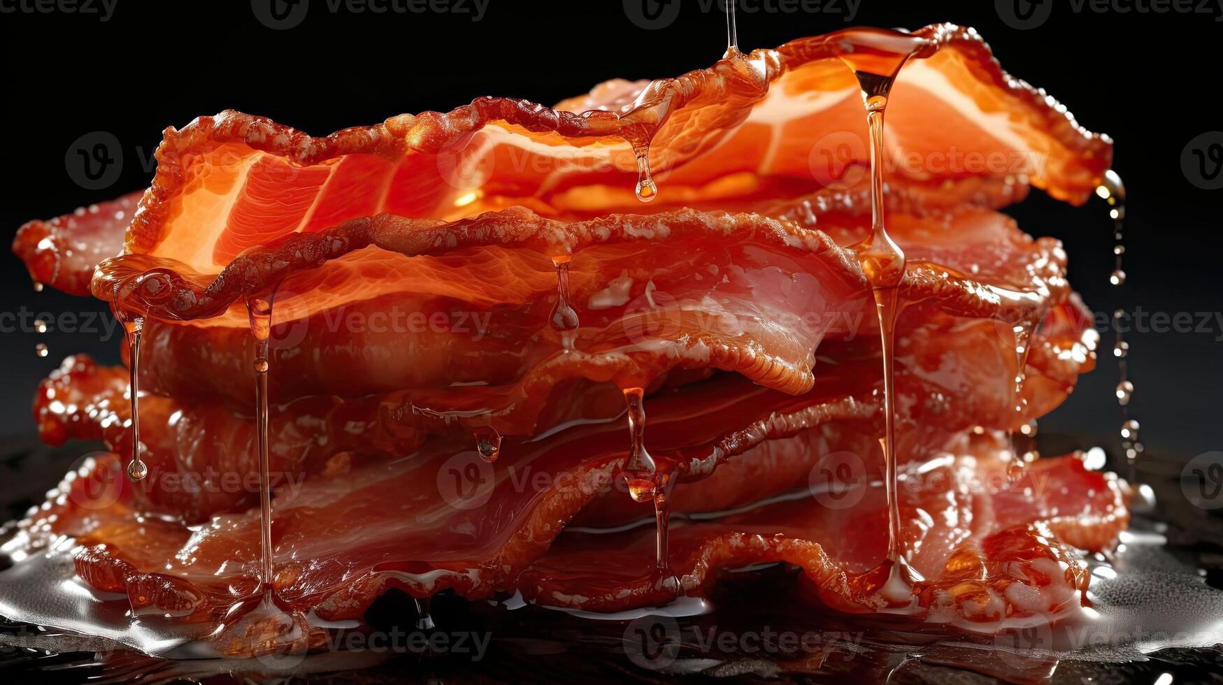 ai genererad Krispig bacon med smält olja på svart och suddigt bakgrund, ai genererad foto