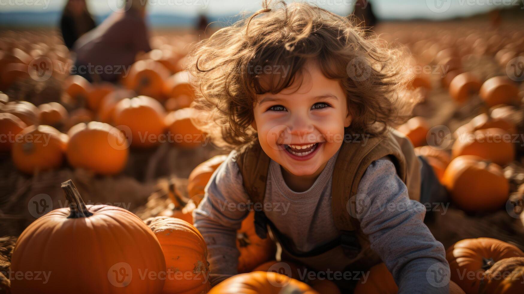 ai genererad en glad europeisk pojke barn spelar mitt i färgrik pumpor på en bruka under de höst skörda säsong, halloween eller tacksägelse aning foto