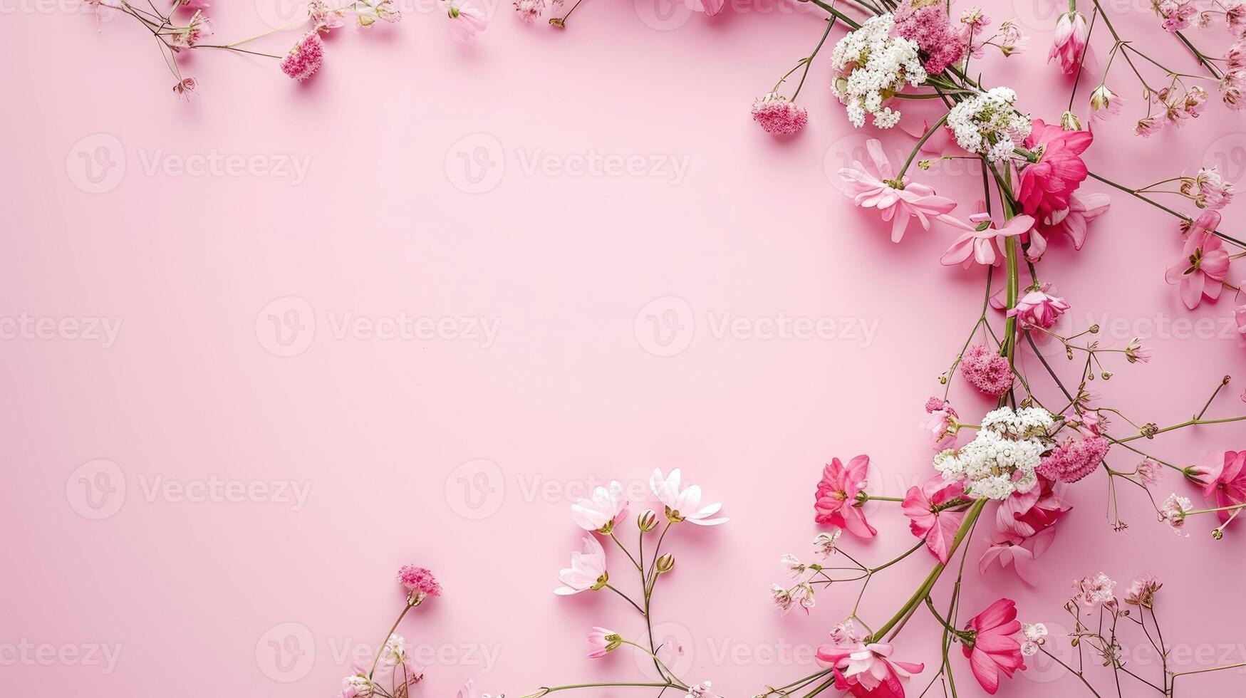 ai genererad blandad mycket liten blommar anordnad i en krans mot en rosa bakgrund, terar Plats för text. abstrakt naturinspirerad blommig ram design med område för lydelse, och mors d foto