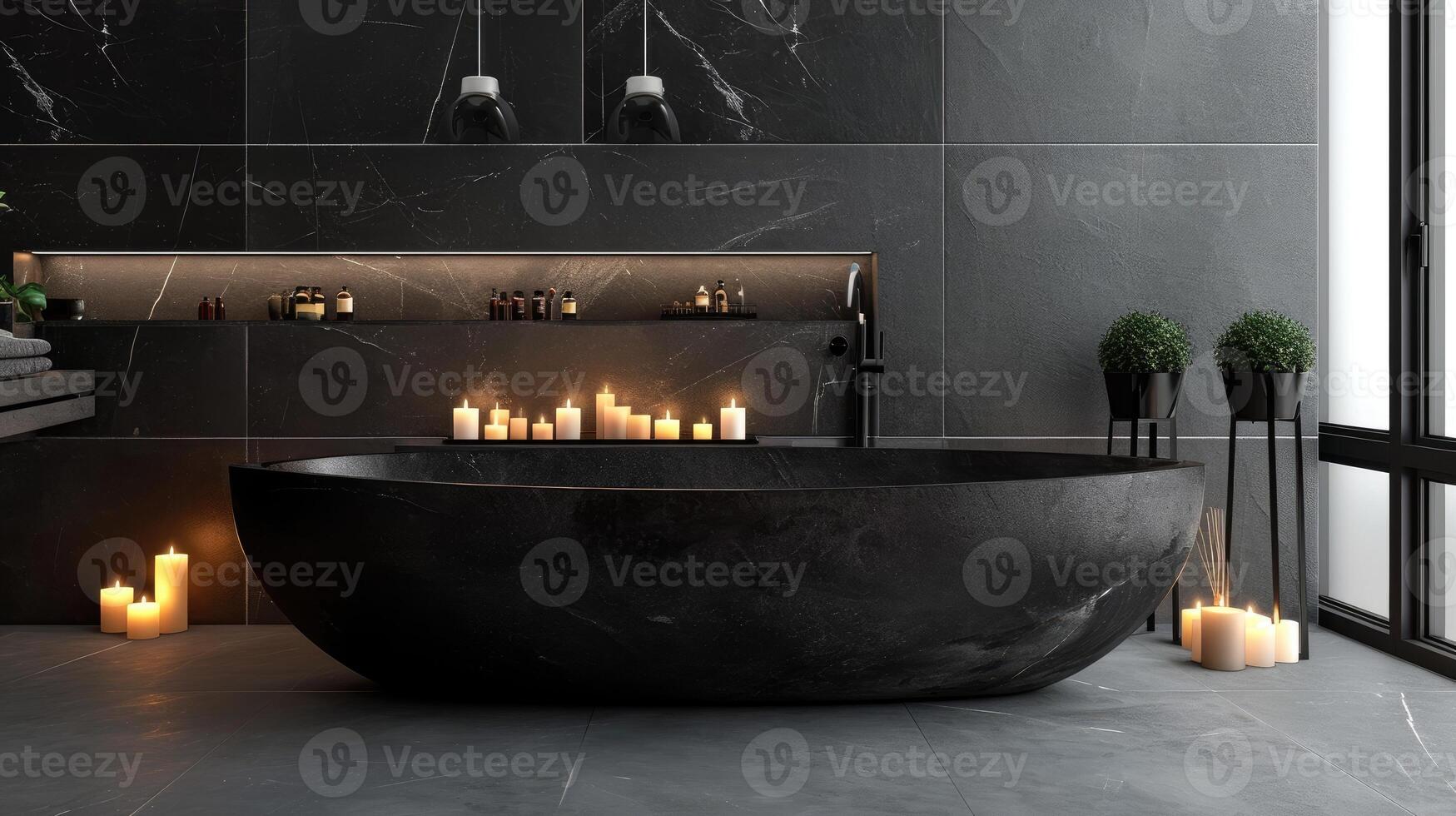 ai genererad frodas i en modern badrum med en eleganta svart sten bad och de lugnande atmosfär av levande ljus. ai genererad foto