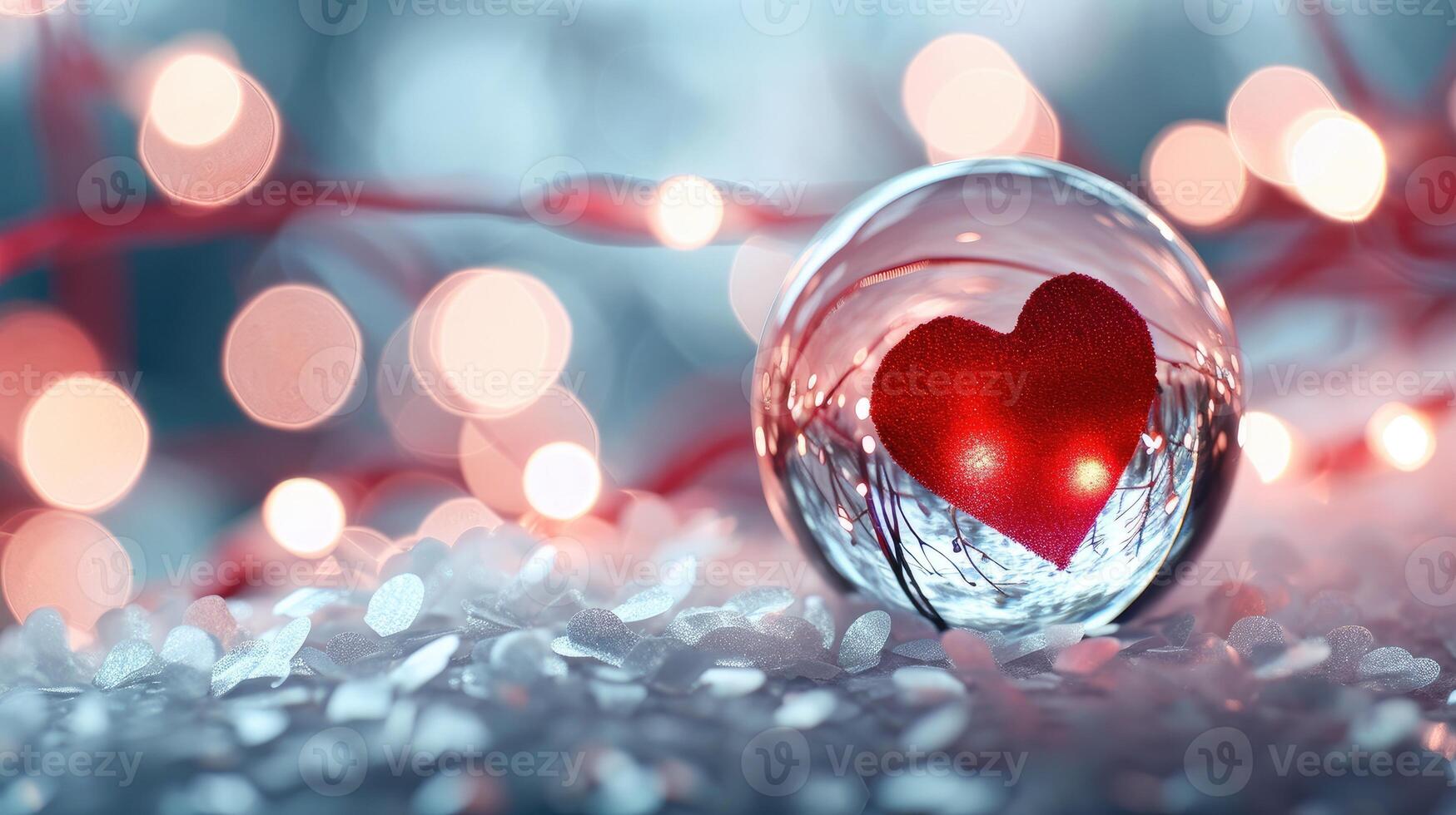 ai genererad bakgrund för hjärtans dag terar en glas sfär som innehåller en röd hjärta emblem, ai genererad foto