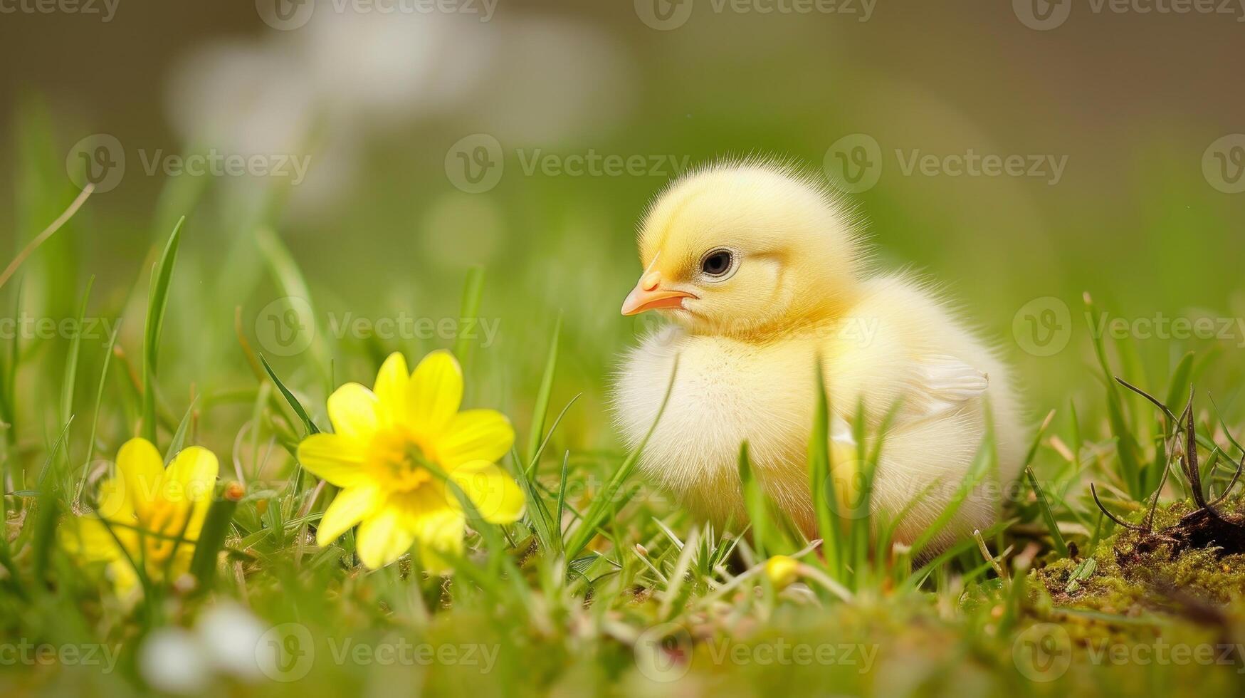 ai genererad små gul brud sitter mitt i de gräs Nästa till färgrik blommor, en scen av ungdomlig oskuld, ai genererad. foto