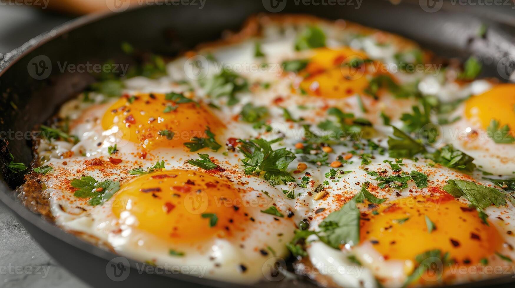 ai genererad stekt i stekpanna ägg kryddat med örter och kryddor, en smakrik frukost känsla, ai genererad. foto