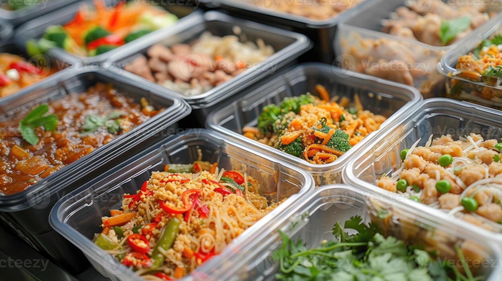 ai genererad modern thai mat lunch lådor i plast paket, en bekväm och utsökt alternativ, ai genererad. foto