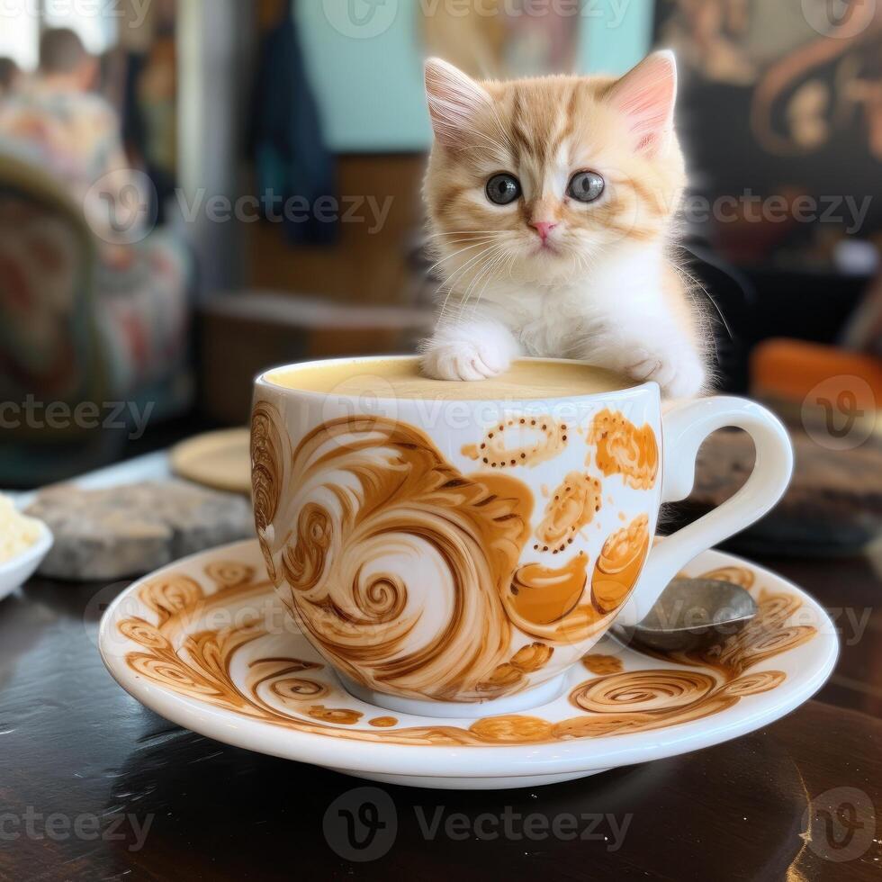 ai genererad en små, vit kattunge med blå ögon är Sammanträde Nästa till en kopp av cappuccino på en fat, ai genererad foto