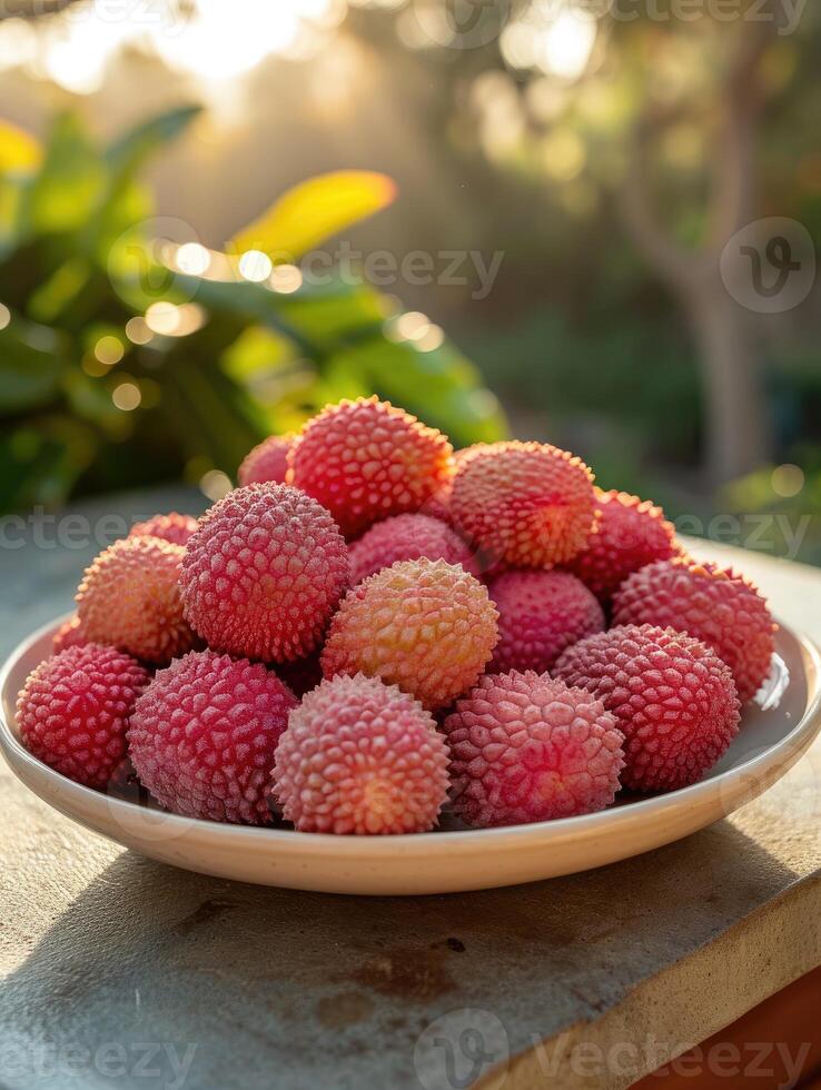 ai genererad exotisk litchi, terar en grov, röd-rosa skal och saftig, ljuv inre kött, ai genererad. foto