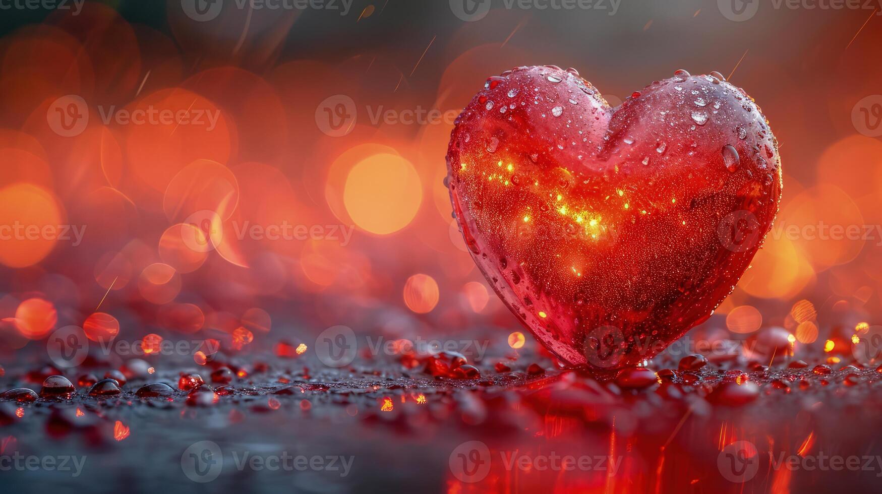 ai genererad en strålnings röd hjärta med gnistrande vatten droppar, uppsättning mot en levande bokeh bakgrund, symboliserar djup kärlek och passionen foto