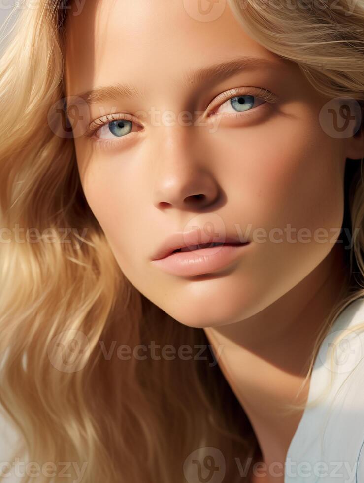 ai genererad skön ung kvinna med blond hår och blå ögon. naturlig skönhet närbild av en topp modell med lysande friska hud foto