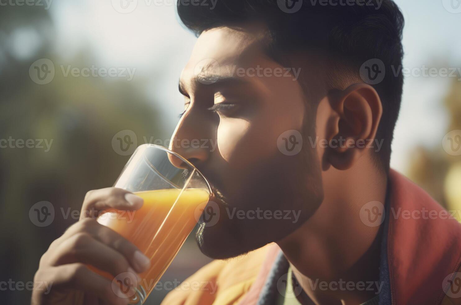 ai genererad asiatisk man dricka juice. generera ai foto