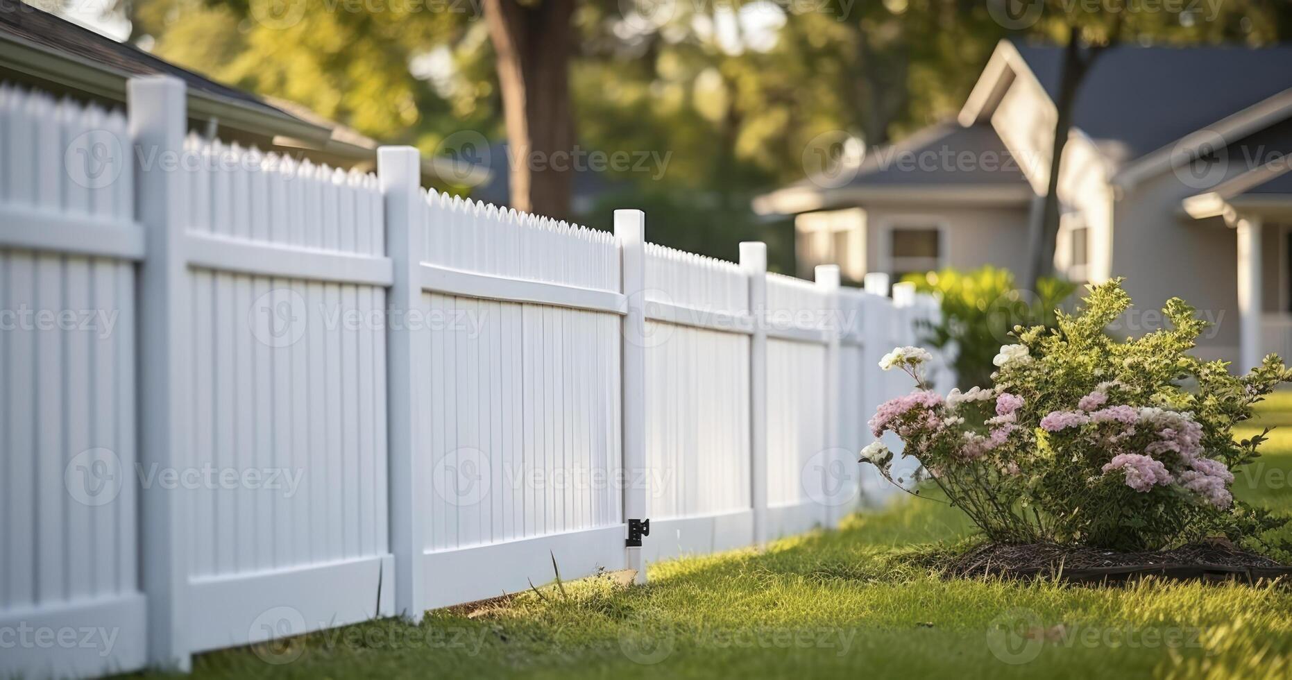 ai genererad de elegant skydd av en vit vinyl staket runt om en välskött grön gräsmatta foto