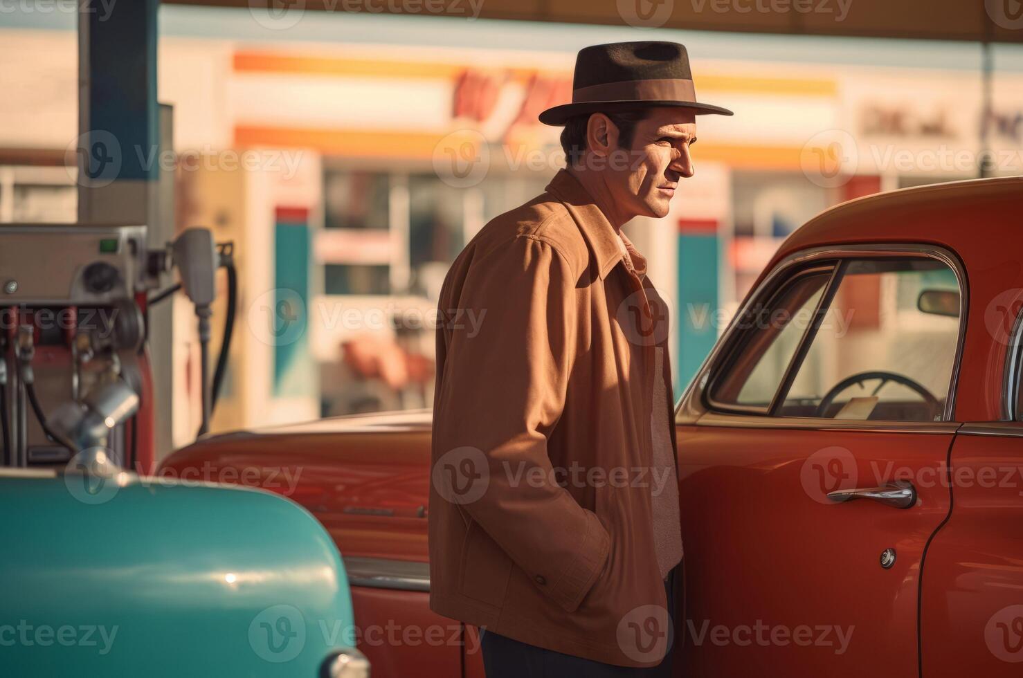 ai genererad man med hatt på retro gas station. generera ai foto