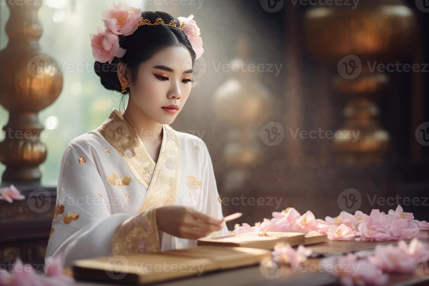 ai genererad asiatisk kvinna läsning på tabell dekorerad med rosa kronblad. generera ai foto