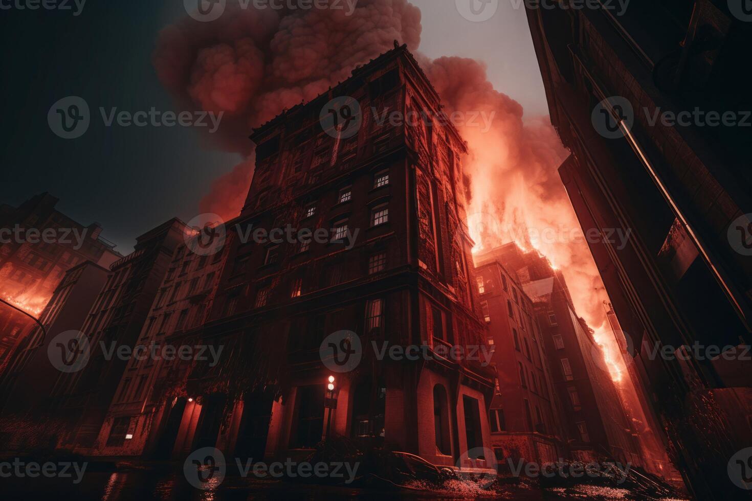 ai genererad stad byggnader destruktiv brand flammande. generera ai foto