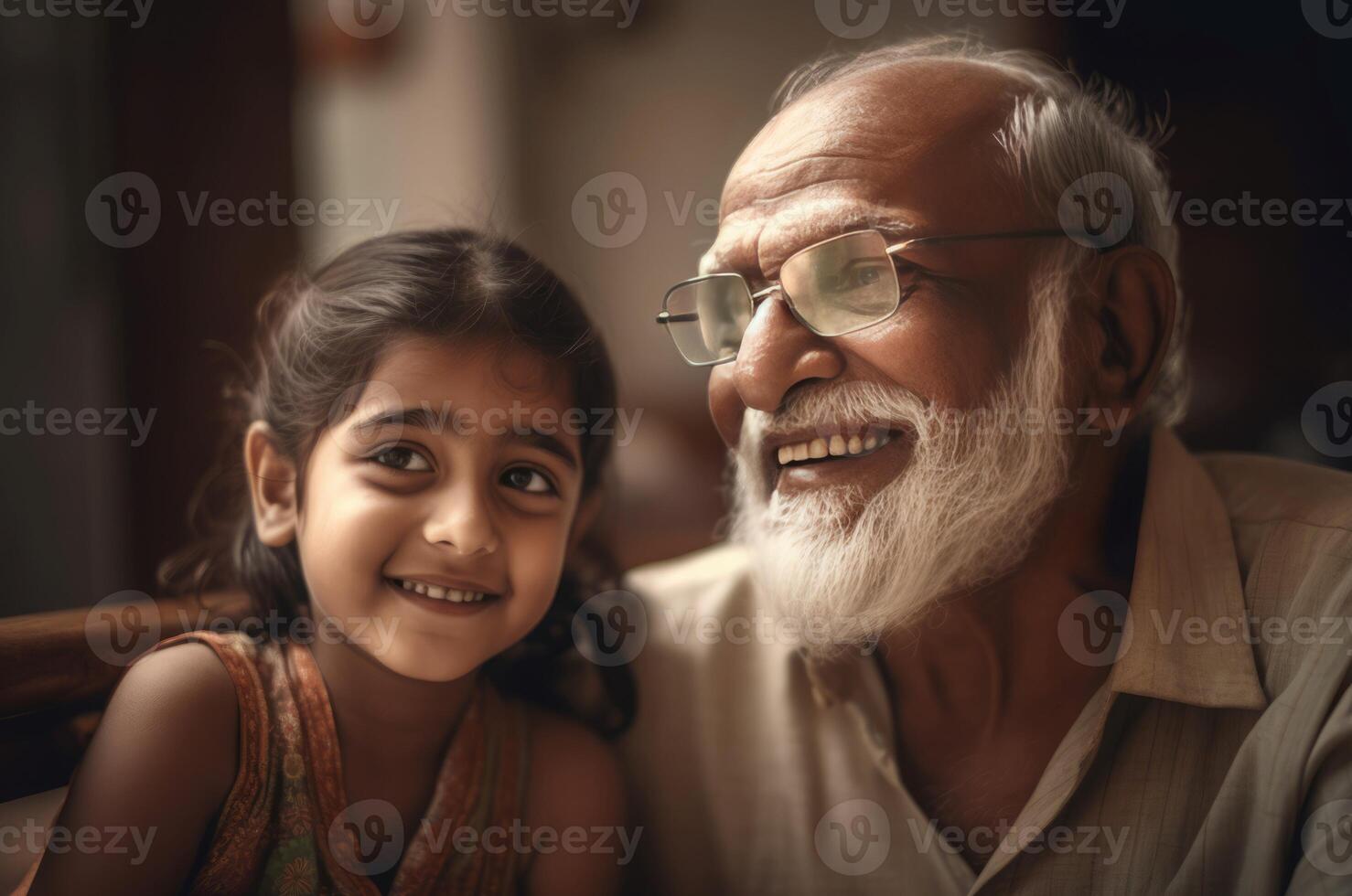 ai genererad indisk flicka morfar leende. generera ai foto