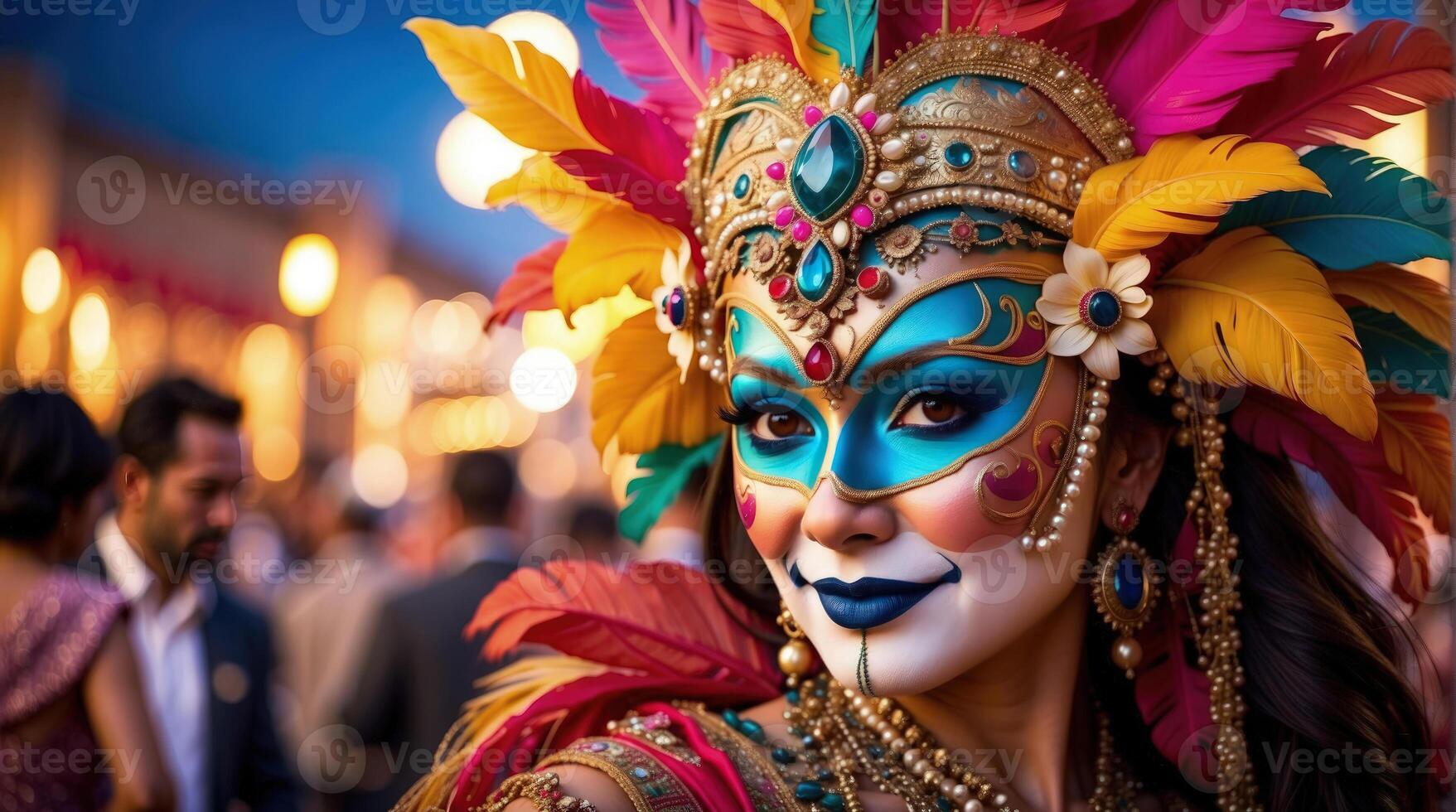 ai genererad skön kvinna bär venetian karneval mask och kostym foto