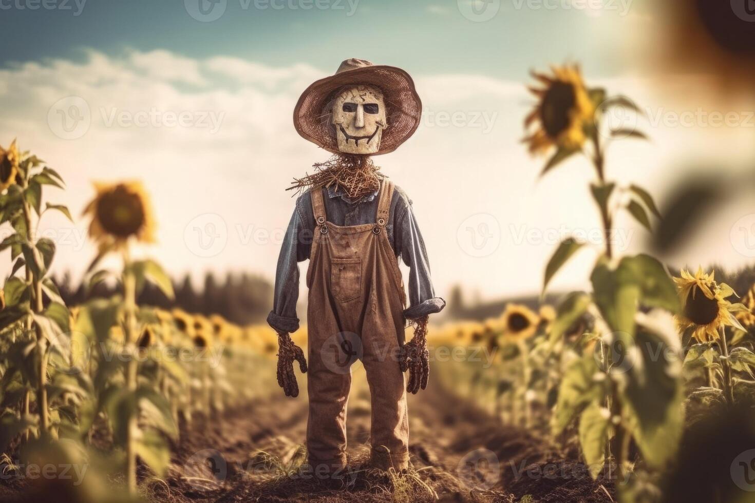 ai genererad scarecrow stående i solros fält. generera ai foto