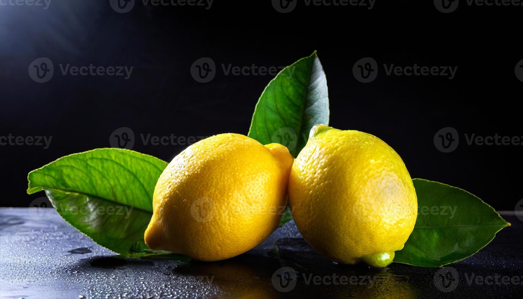 ai genererad citroner med löv på en svart bakgrund foto