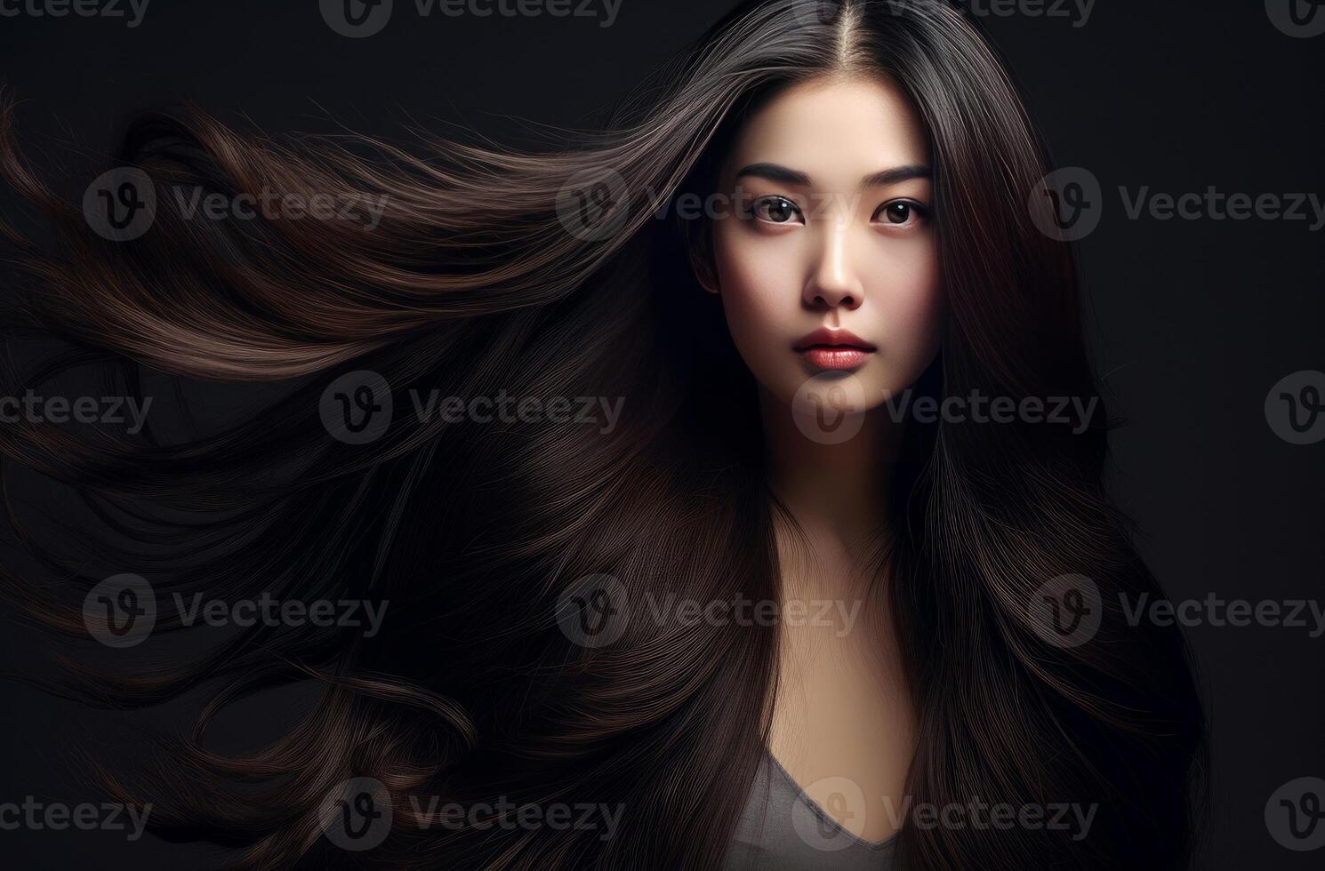 ai genererad ungdomlig leende asiatisk lång hår kvinna. generera ai foto