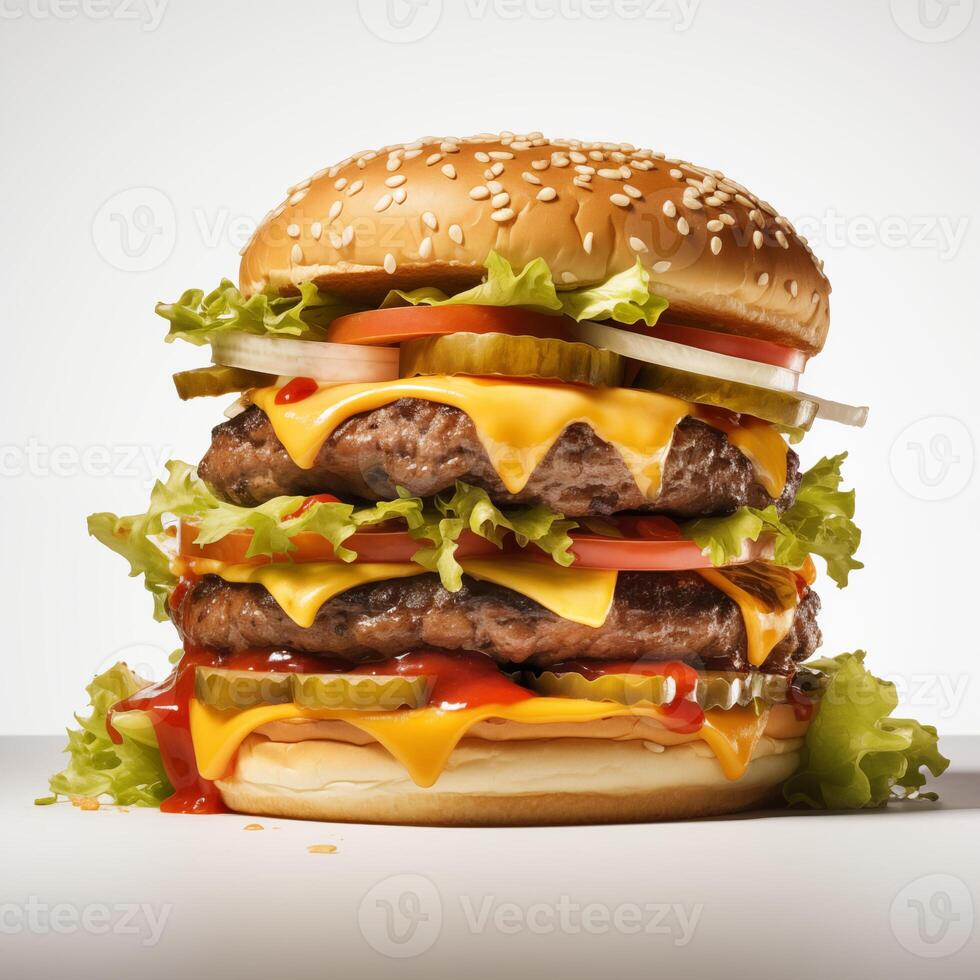 ai genererad dubbel- däck burger med Allt de klassisk fästen, Inklusive sallad, tomat, ost, och smaktillsatser. gott burger isolerat på vit bakgrund. baner, ptomotion, meny foto