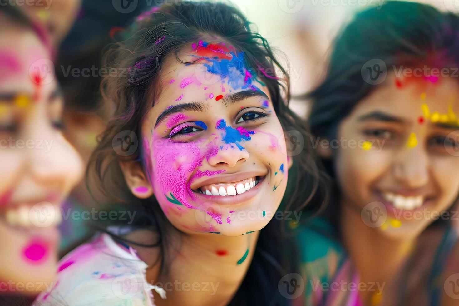 ai genererad glad tonåringar fira holi festival foto