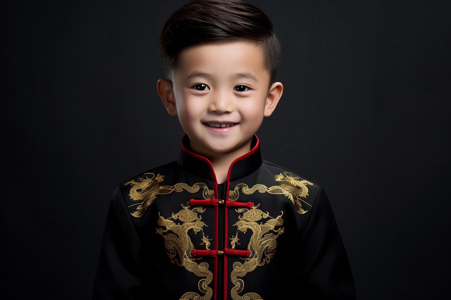 ai genererad en ung kinesisk pojke bär kinesisk traditionell klänning med generativ ai foto