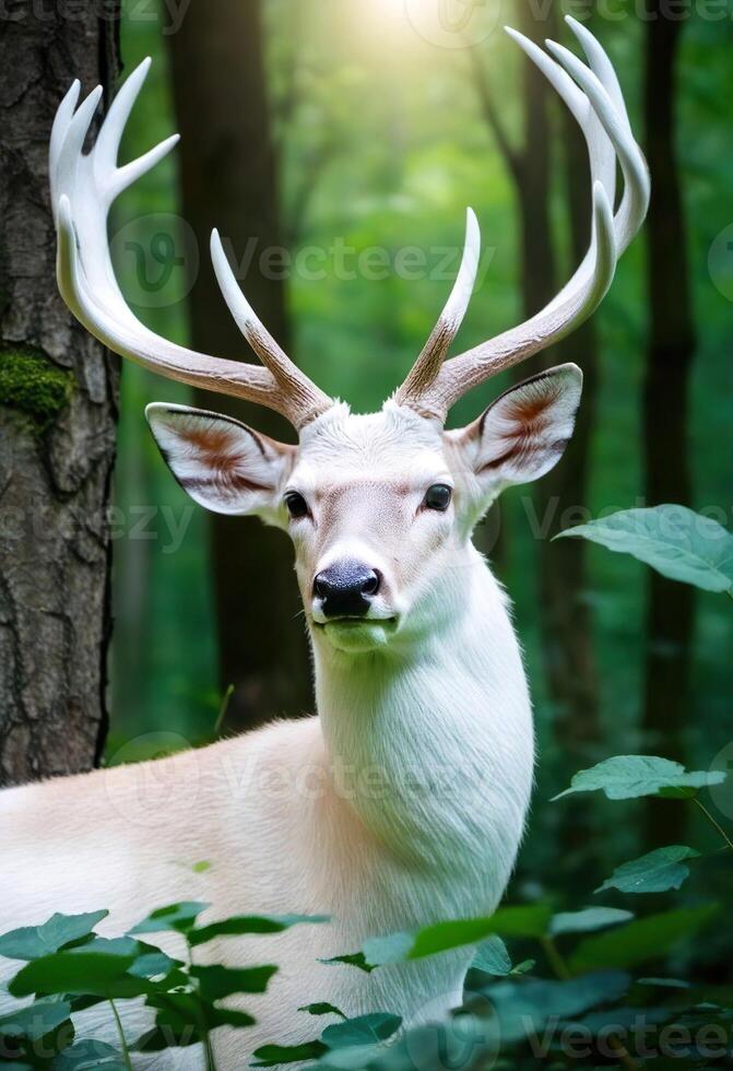 ai genererad en majestätisk vit rådjur stående i en frodig grön skog foto