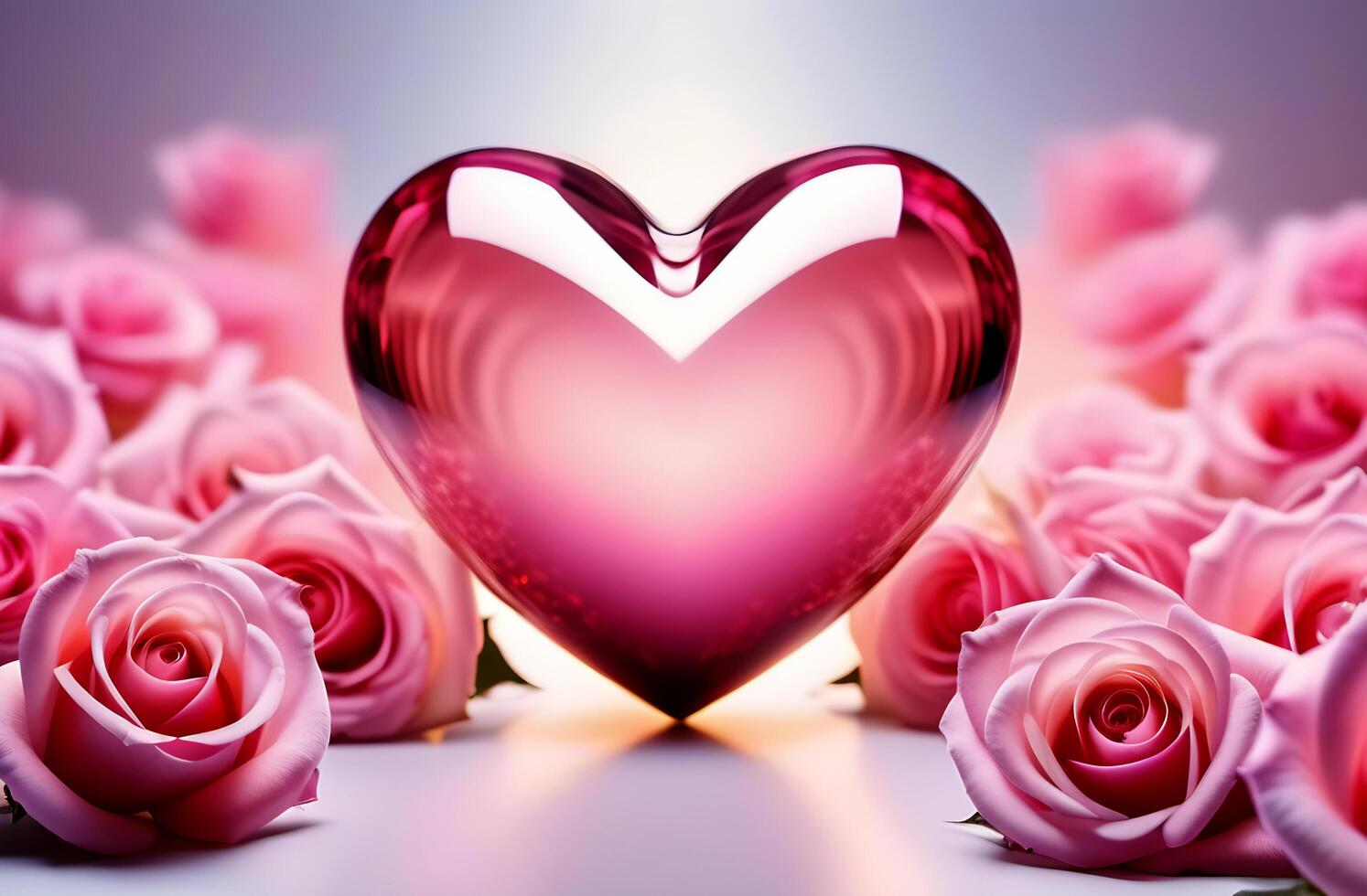 ai genererad en vykort med en stor rosa transparent kristall, glas hjärta och rosor. där är strålar av ljus kommande från Det. kärlek, hjärtans dag, bröllop. foto