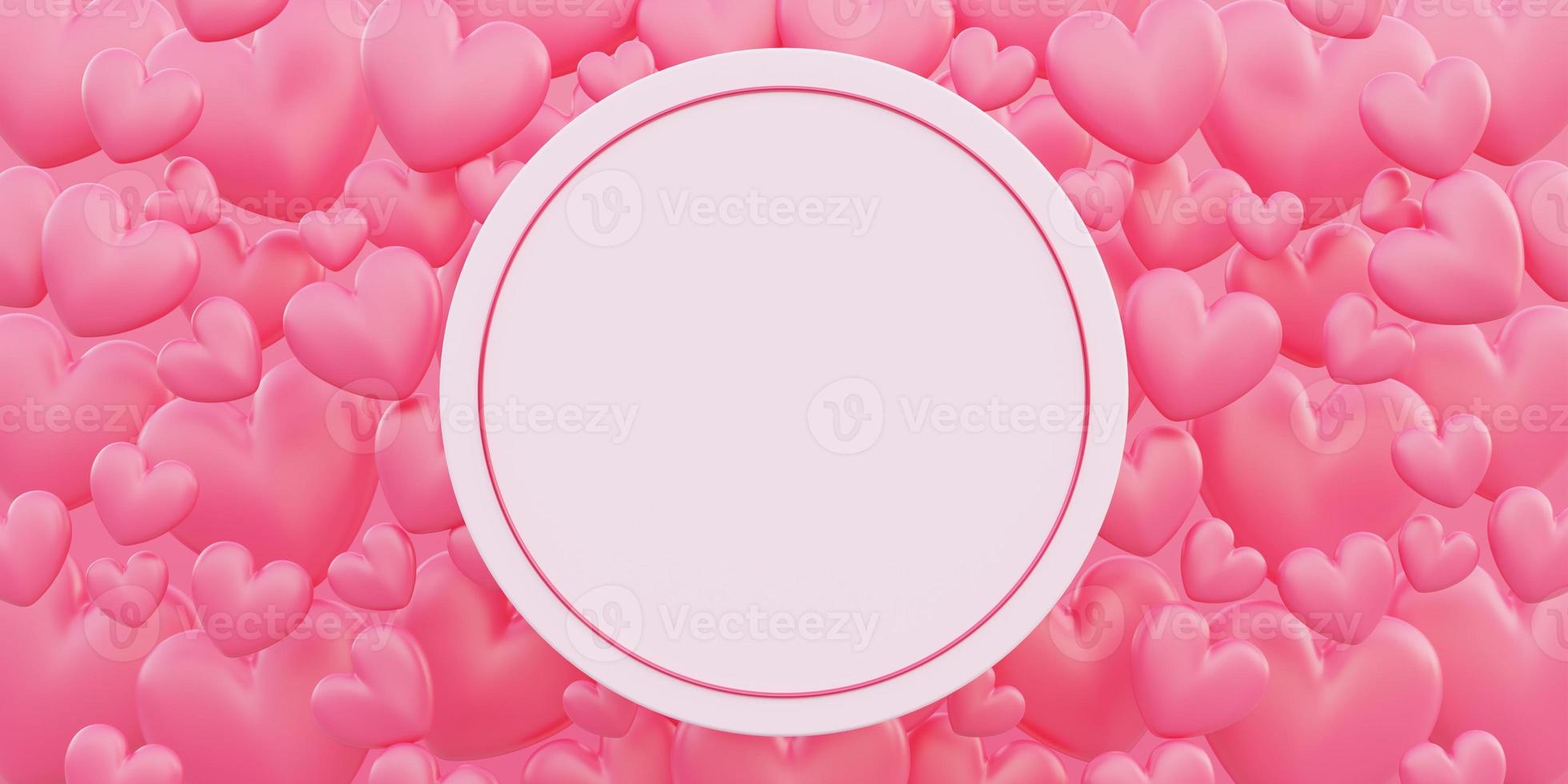 glad alla hjärtans dag, kärlekskoncept, rosa 3d-hjärtformsbakgrund, gratulationskort, cirkelbanner foto