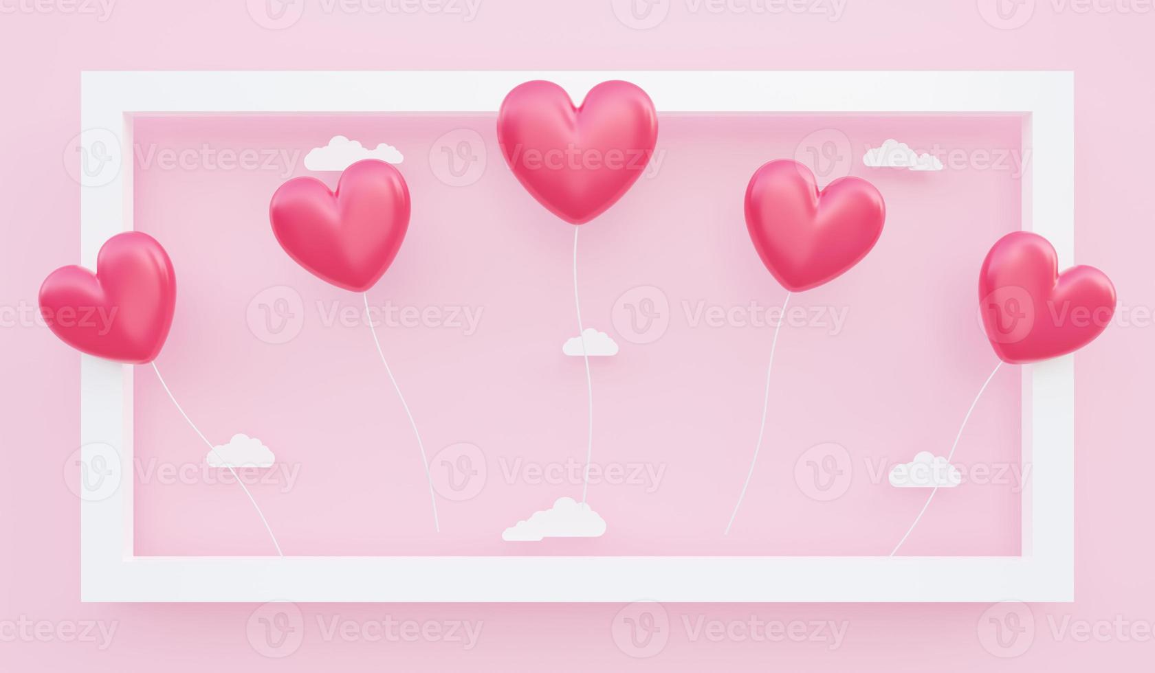alla hjärtans dag, kärlekskonceptbakgrund, 3d-illustration av röda hjärtformade ballonger som flyter ut ur ramen foto