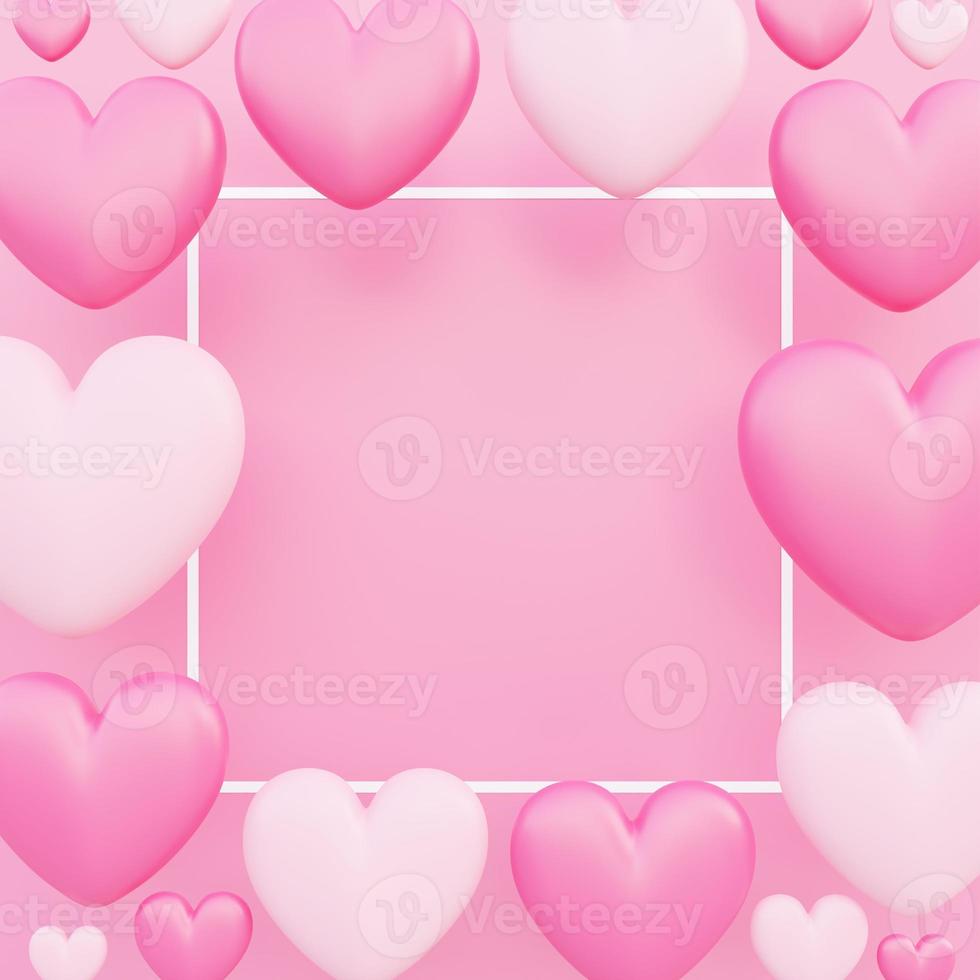 glad alla hjärtans dag, kärlekskoncept, rosa 3d-hjärtformsbakgrund, hälsnings- eller reklamkort, fyrkantig ram foto