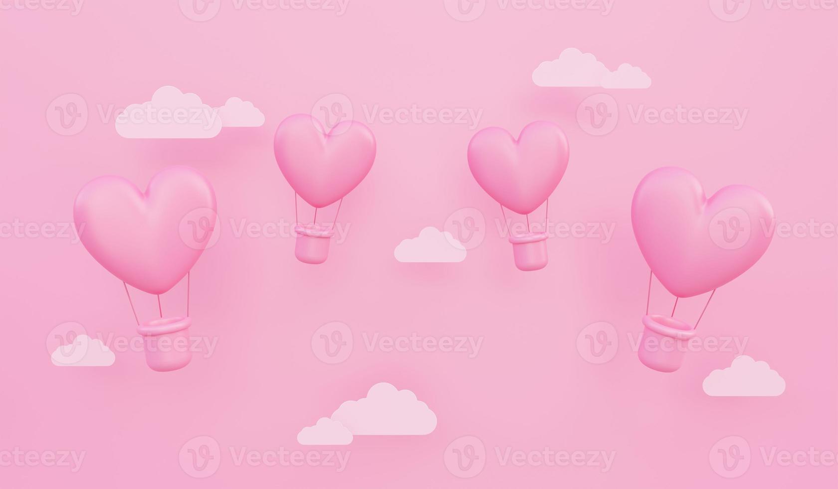 alla hjärtans dag, kärlekskonceptbakgrund, rosa 3d hjärtformade luftballonger som flyger på himlen med pappersmoln foto