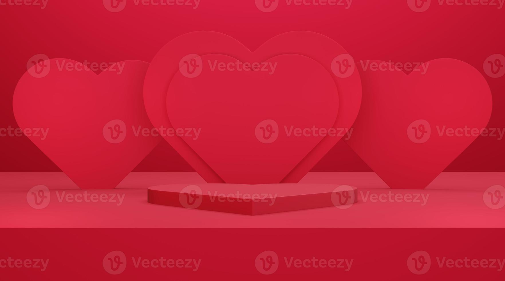 3D hjärtformad podium med rött tomt studiorum och hjärtvägg, produktbakgrund, mallmockup för visning foto