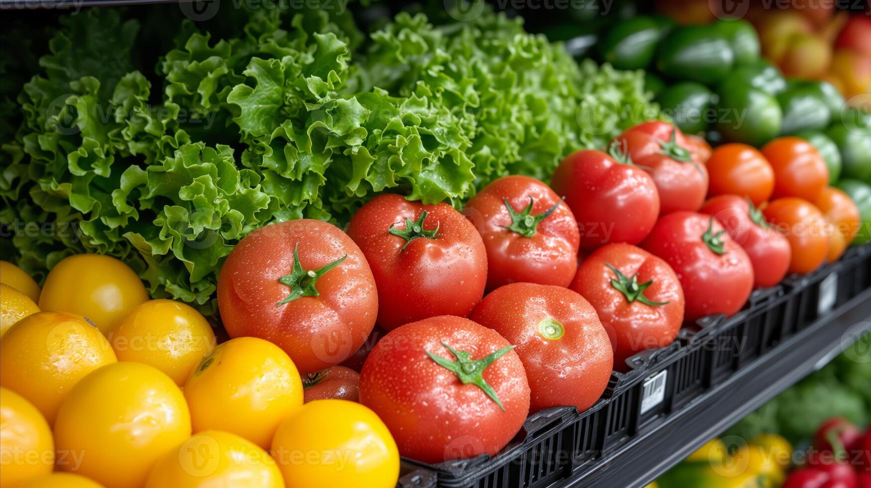 ai genererad färsk grönsaker visa på marknadsföra bås med mängd av organisk producera foto