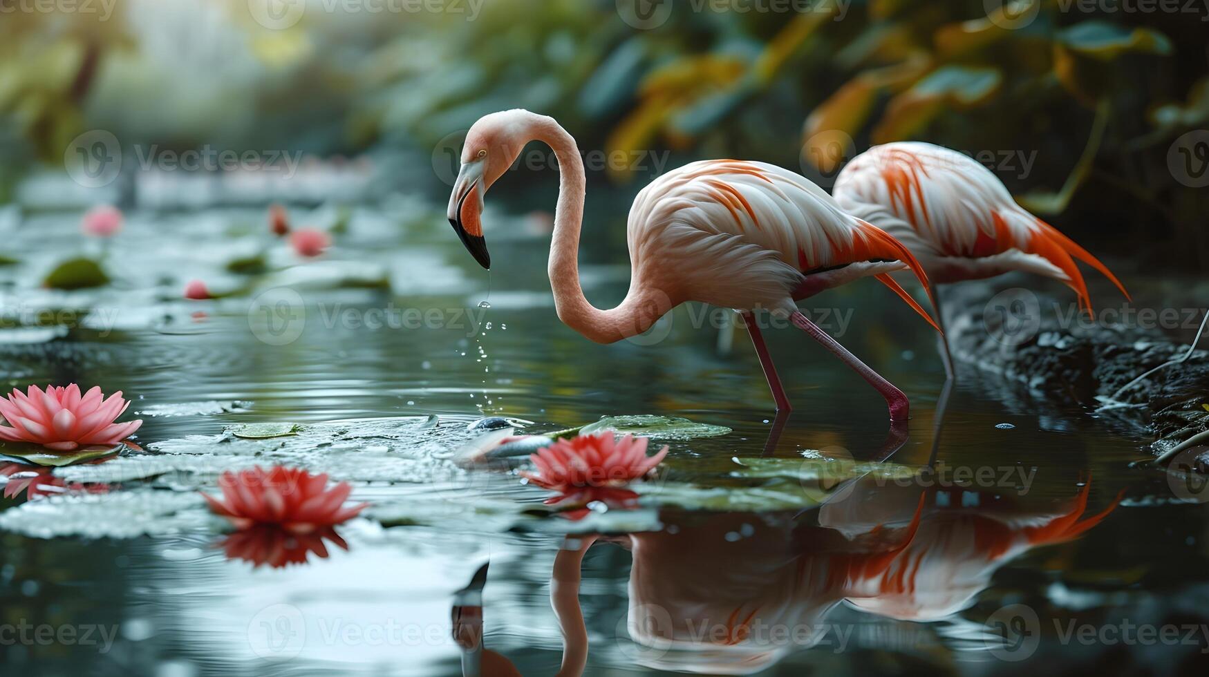 ai genererad flamingo fåglar jakt en fisk på en damm är en fängslande och dynamisk scen foto