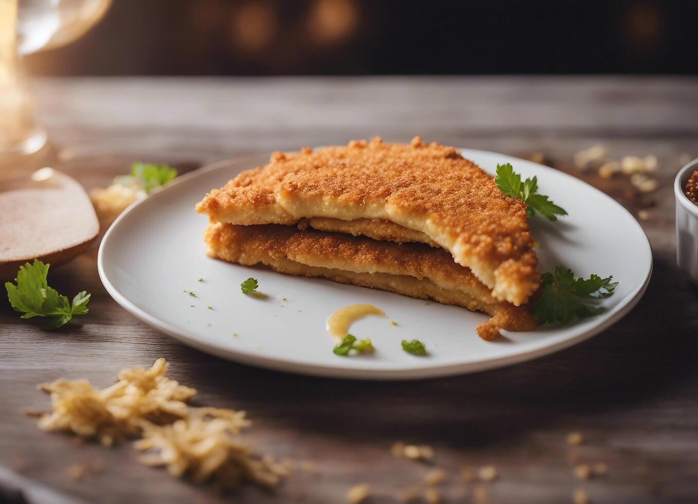 ai genererad panerad wiener schnitzel på en tallrik med citron- foto