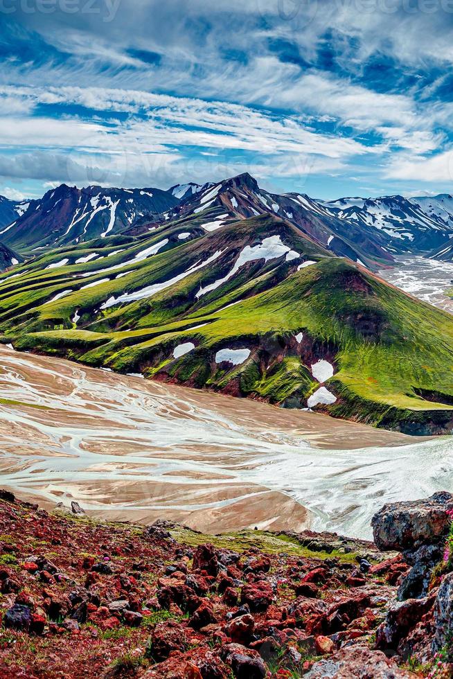 isländsk landskapsvy av färgglada regnbågs vulkaniska landmannalaugar berg, vulkaner, dalar och berömda Laugavegur vandringsled på blå himmel, Island, sommar foto