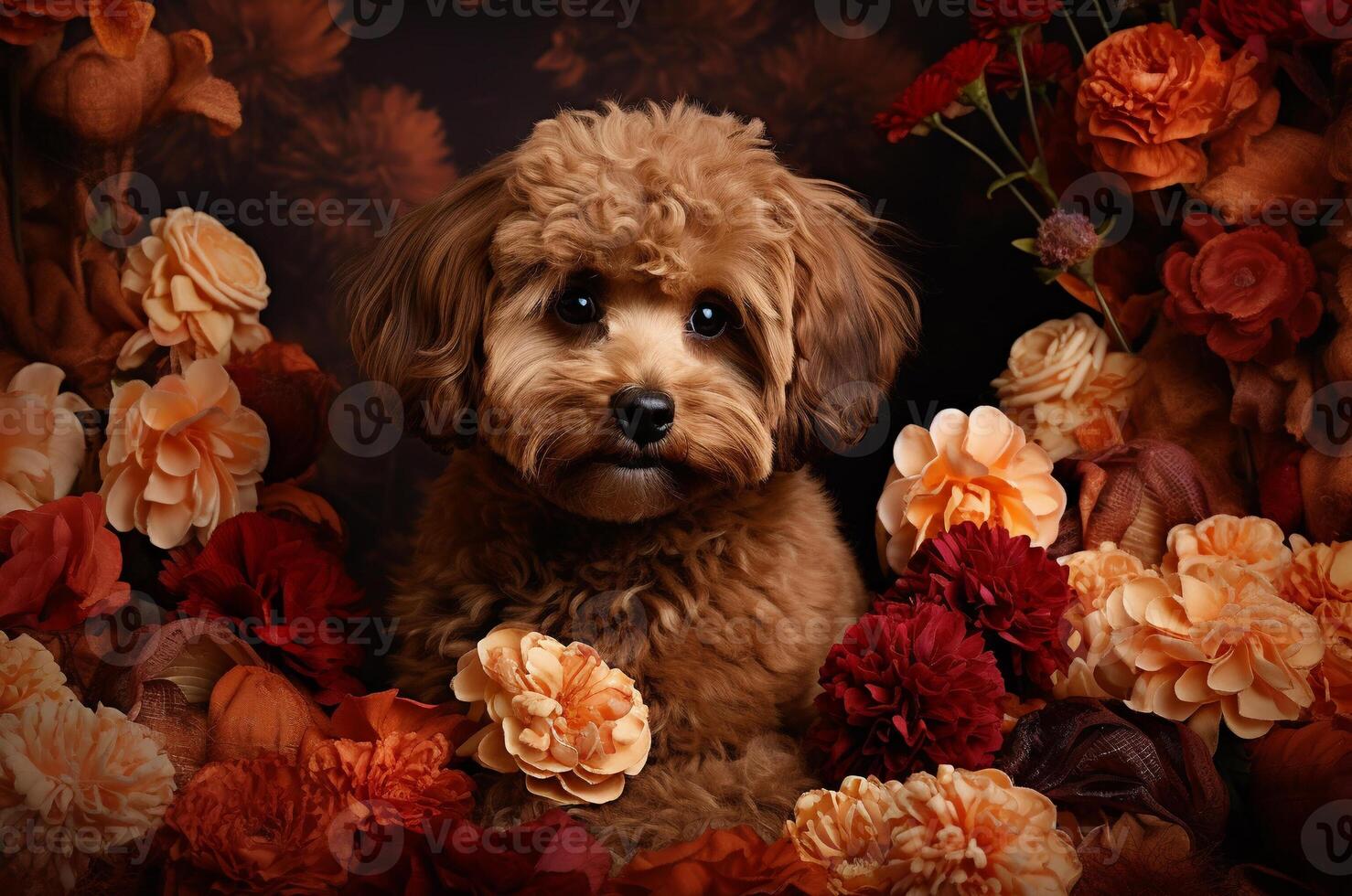 ai genererad brun multipoo Framställ i blommor. hälsning kort foto