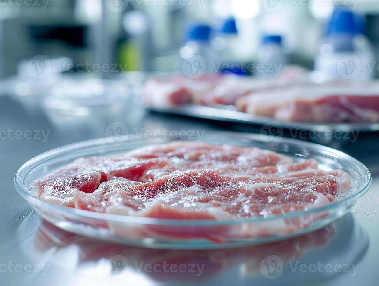 ai genererad labbodlad kött. kött prov i glas kopp för cell kultur i laboratorium. begrepp av odla ren kött i vitro. syntetisk kött skapas artificiellt. fotorealistisk. foto