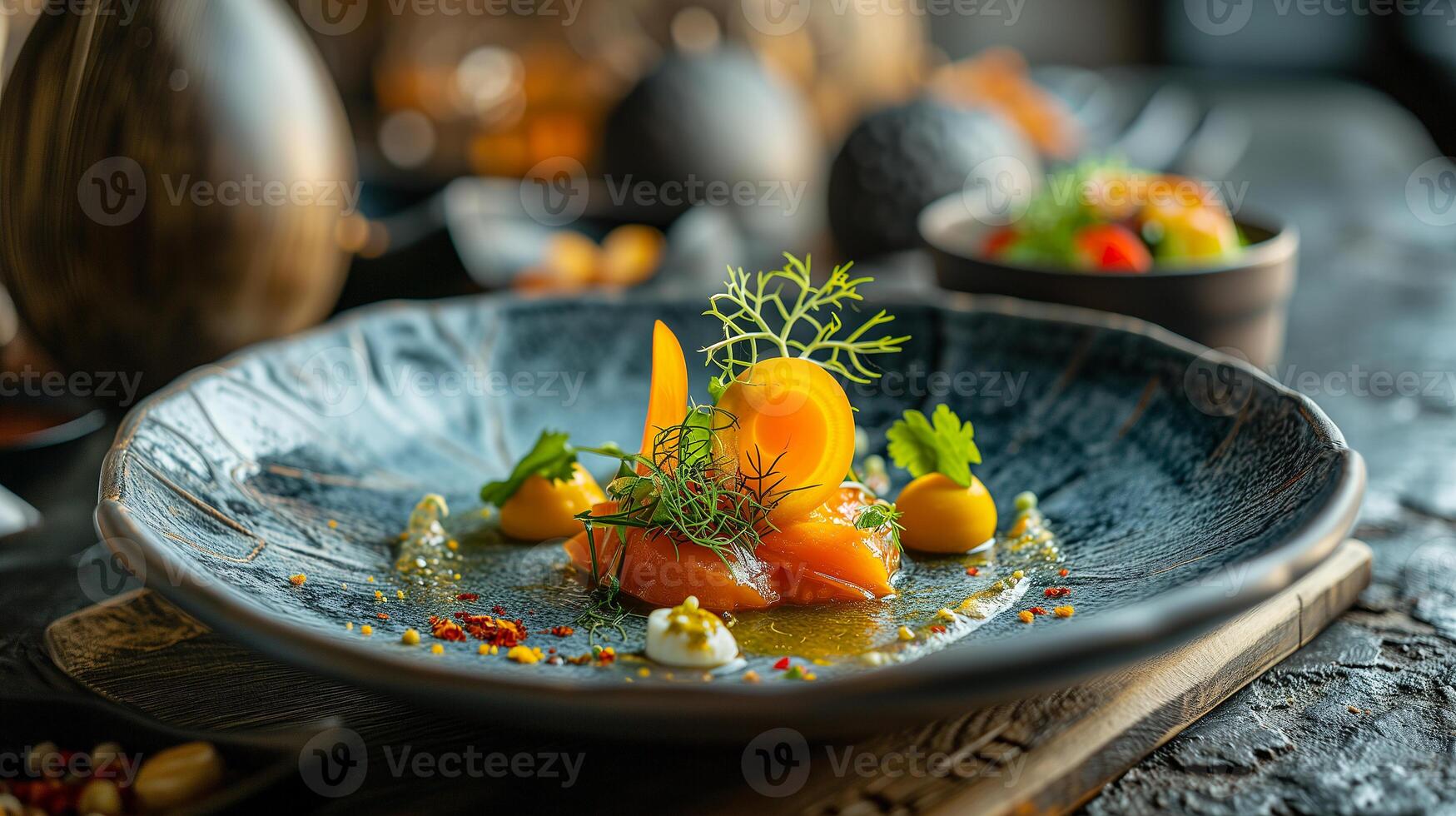 ai genererad vegetarian maträtt i de stil av en gourmet restaurang, närbild på en skön tallrik. fotorealistisk, bakgrund med bokeh effekt. ai genererad. foto