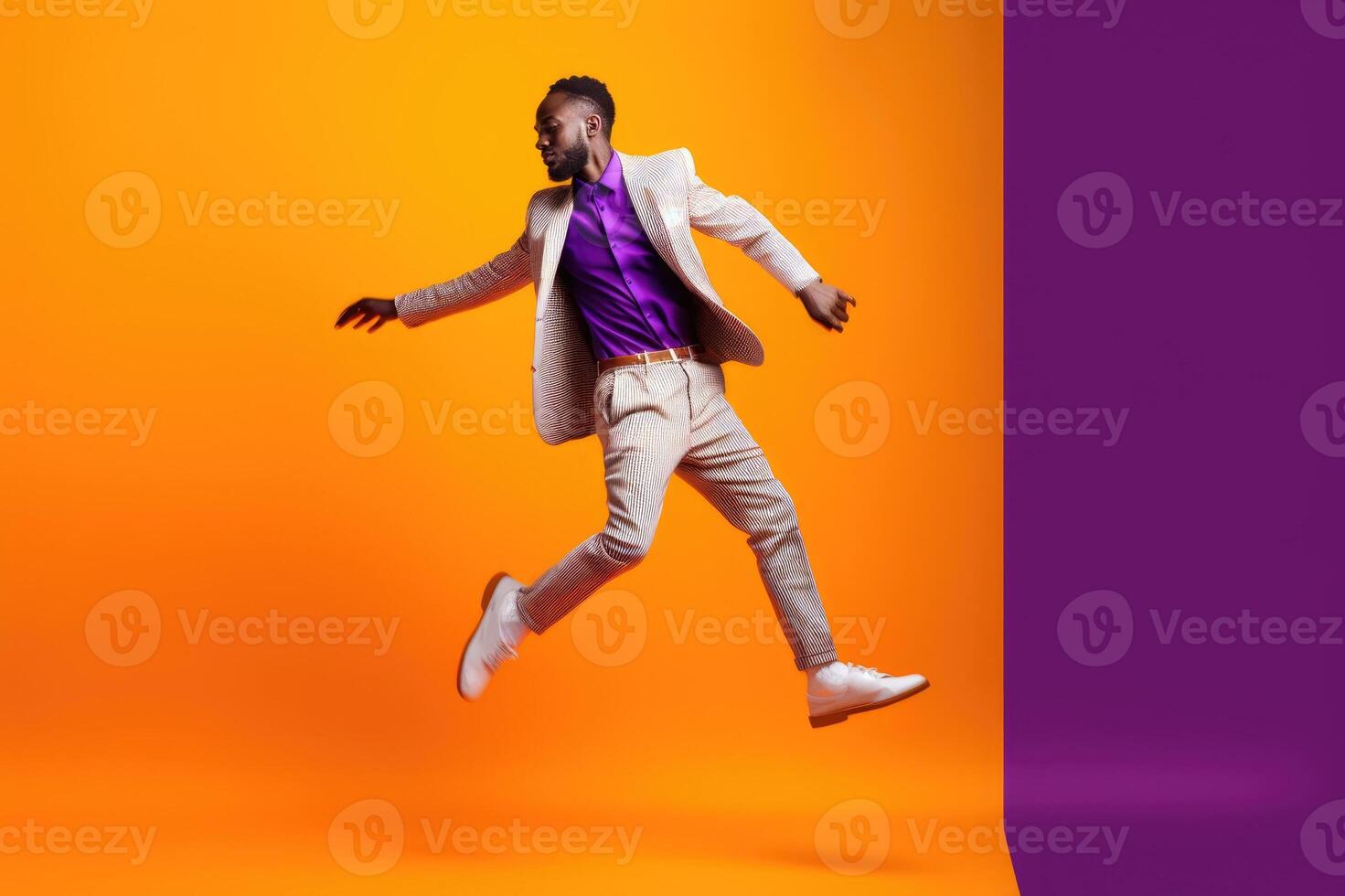 ai genererad ung afrikansk man dans på lila bakgrund foto
