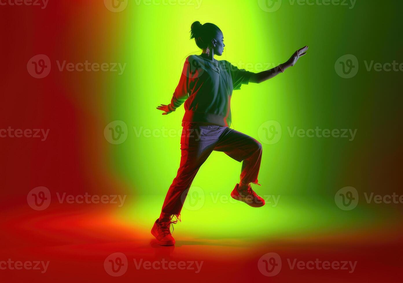 ai genererad kvinna dans på vibrerande bakgrund foto