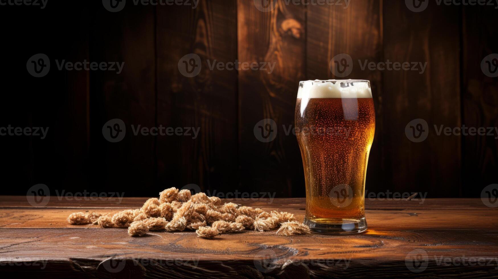 ai genererad glas av öl på en trä- bakgrund. glas av öl med skum. foto