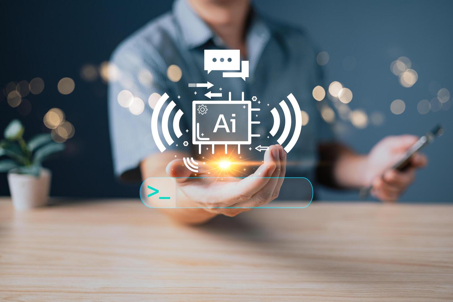 digital artificiell intelligens ai teknologi störning koncept.man använda sig av smartphone kommando prompt ai chatt. stor data lagring.innovativ teknologi maskin inlärning Stöd i de företag. foto
