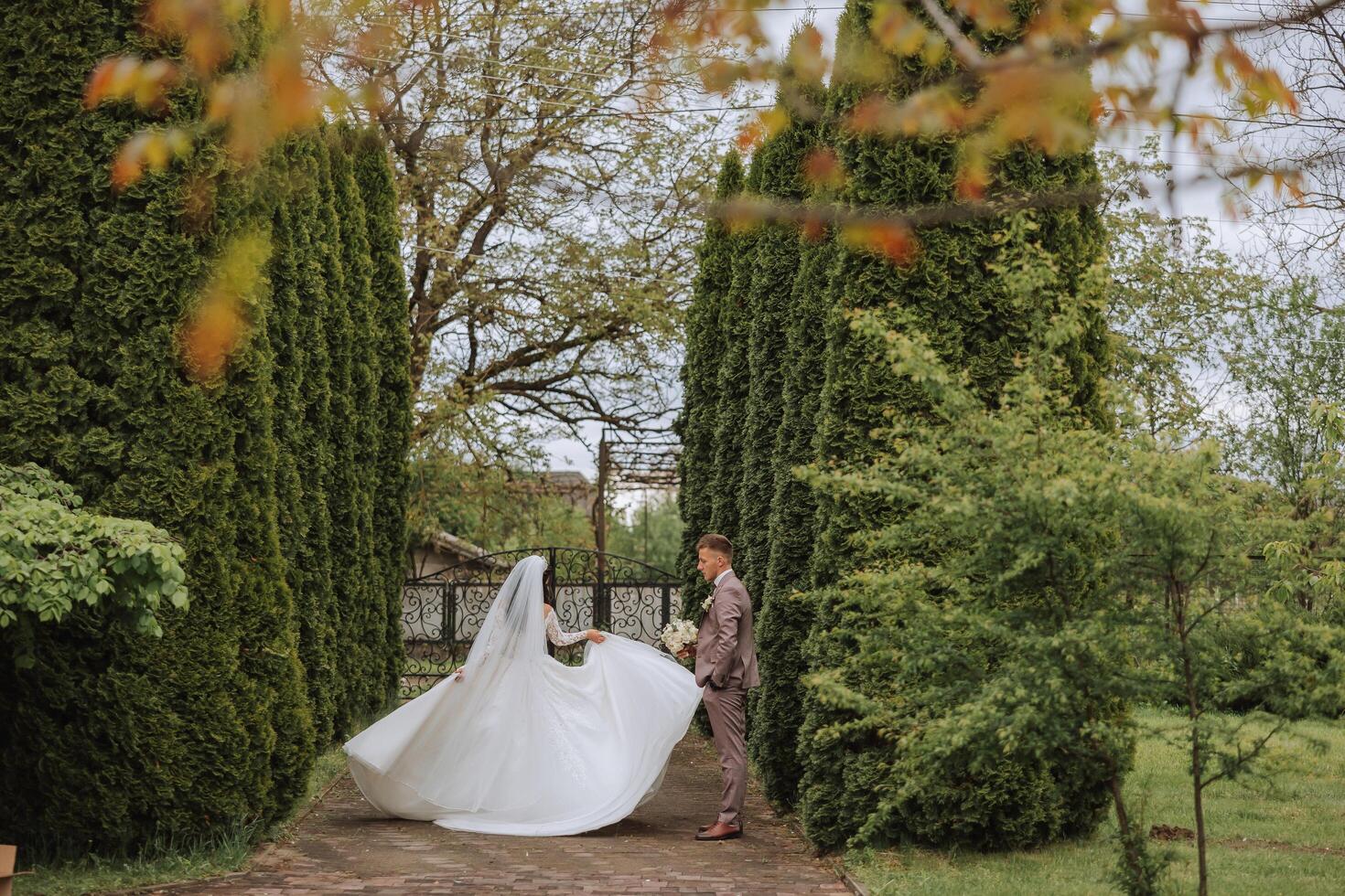 de brud är cirkulerande i henne bröllop klänning, och de brudgum är ser på henne. bröllop Foto session i en skön vår parkera.